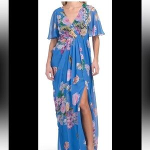 Adrianna Papell Ocean Blue Floral Chiffon Gown